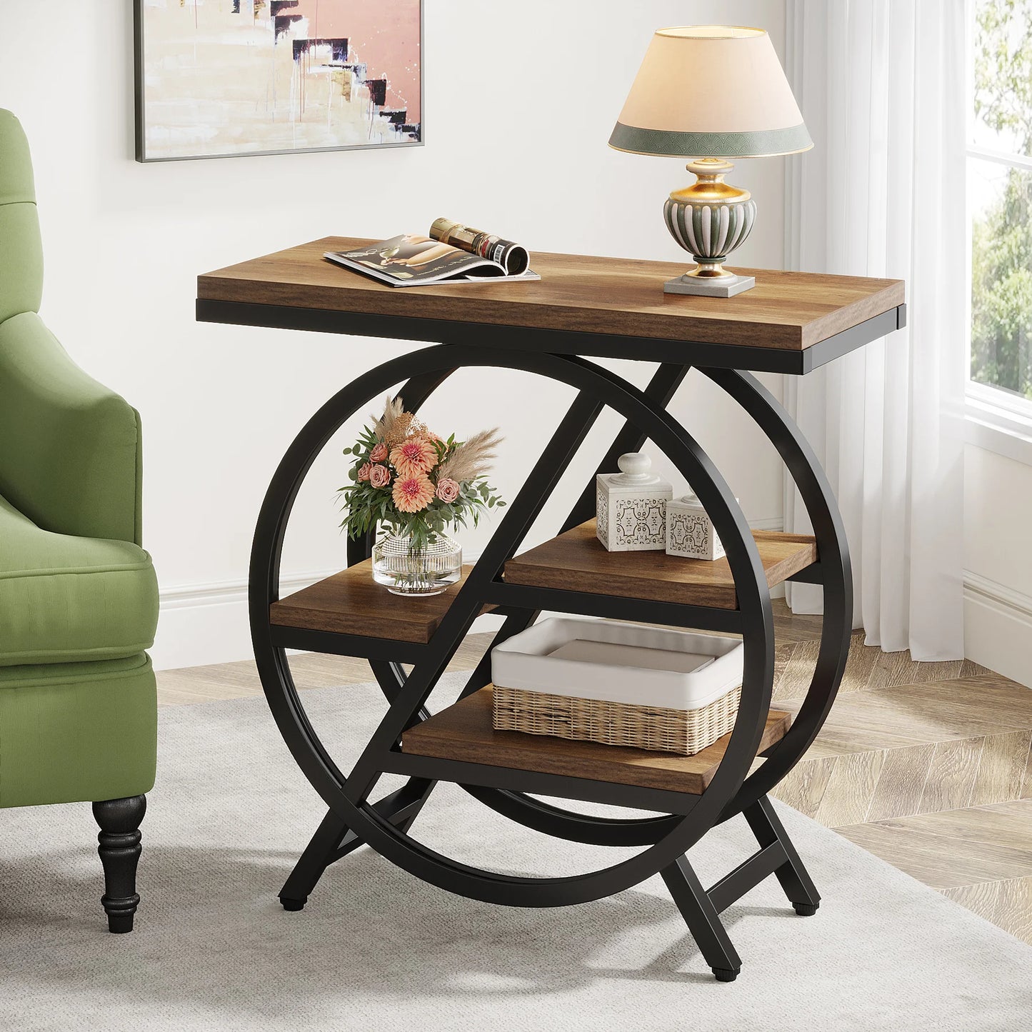 Wooden side table with circular metal frame in a living room setting