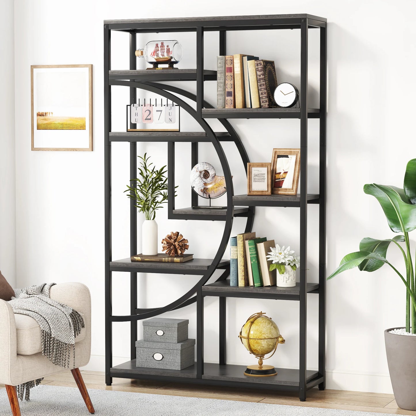 Industrial 5-Tier Etagere Bookshelf – Tall Open Display Shelf with Metal Frame