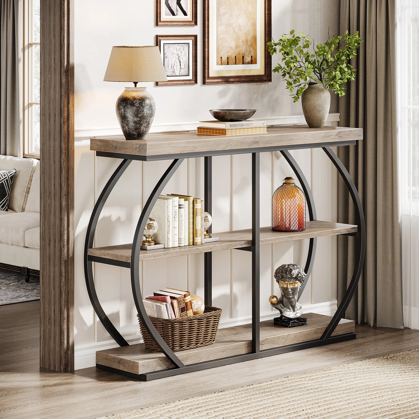 41-Inch Industrial 3-Tier Console Table – Narrow Entryway Sofa Table with Arched Metal Frame