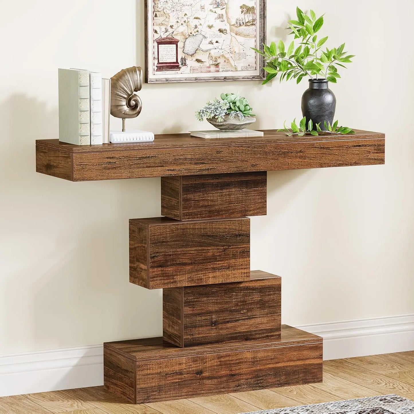 42.5-Inch Farmhouse Console Table – Narrow Wood Sofa Table with Geometric Base for Entryway or Living Room