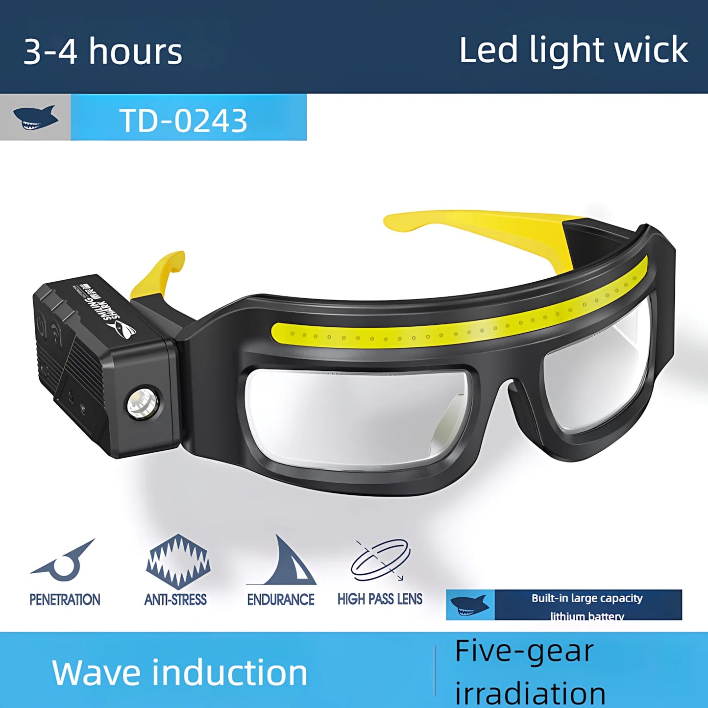 Goggles with LED light wick and technical specifications on a white background