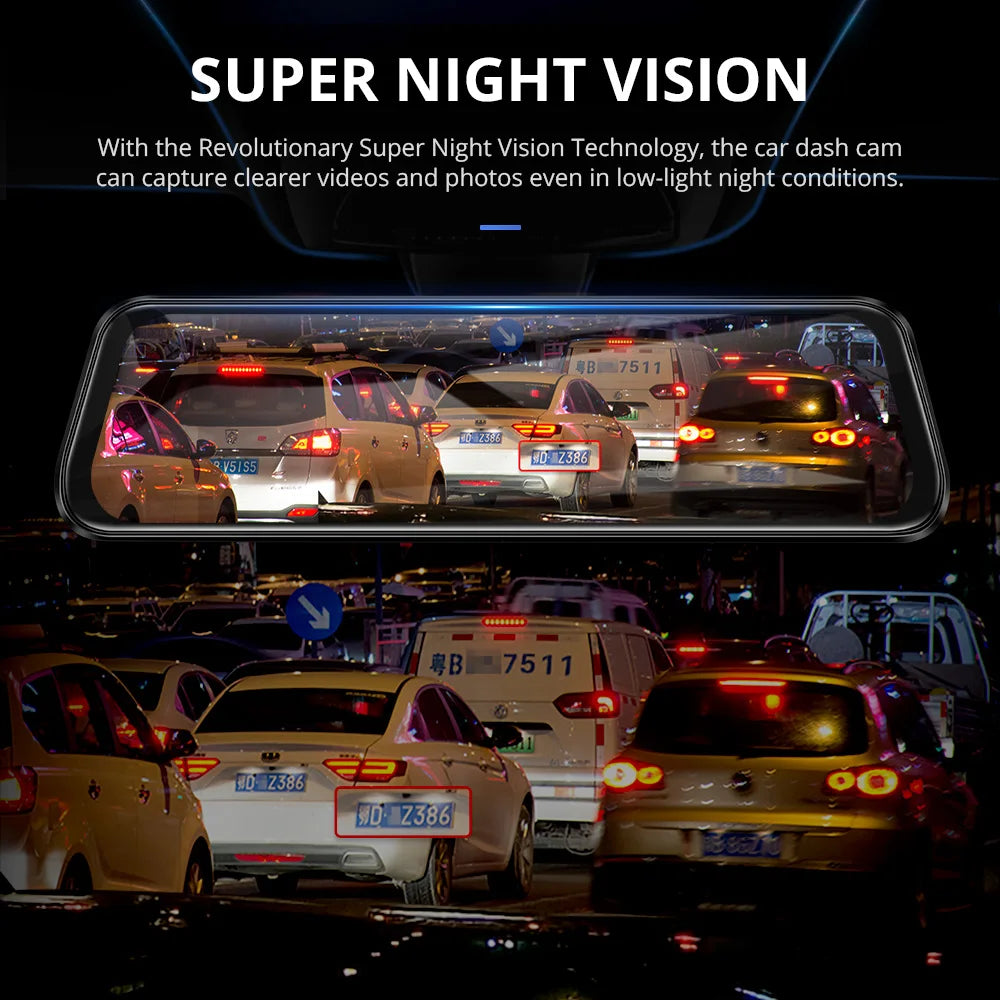 12-Inch WiFi Mirror Dash Cam – Dual Camera Front and Rear with Touch Screen and Night Vision