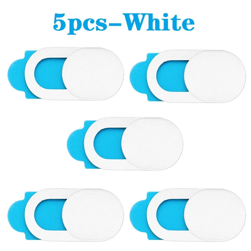 Five white door stoppers with blue pads on a white background