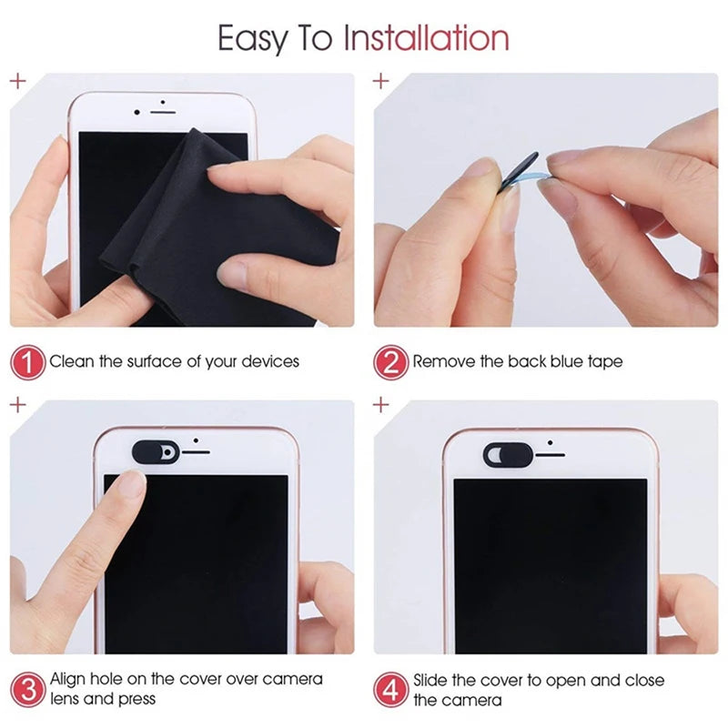 Step-by-step guide on how to install a phone camera cover with hands performing each step.