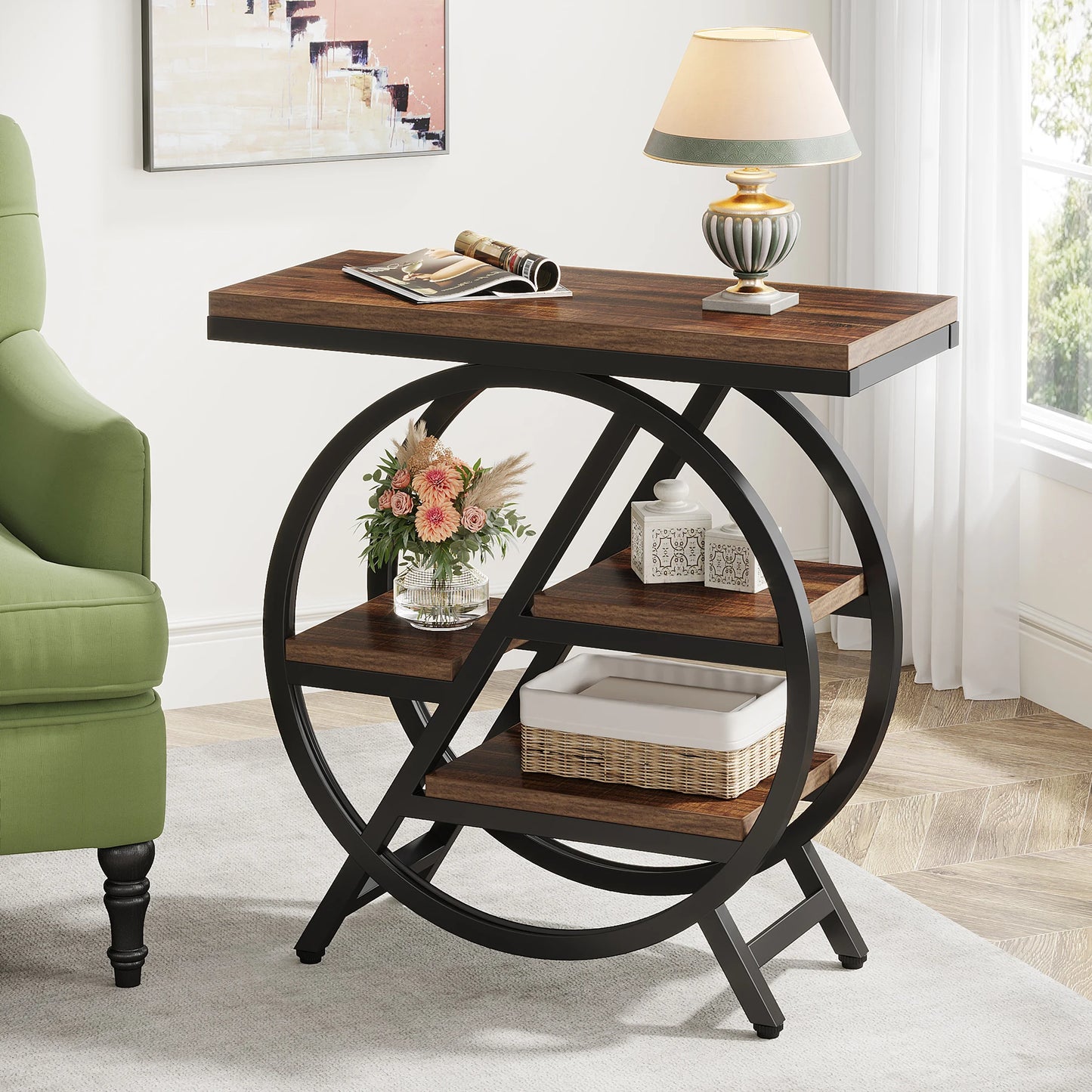 Wooden side table with circular metal frame in a living room setting