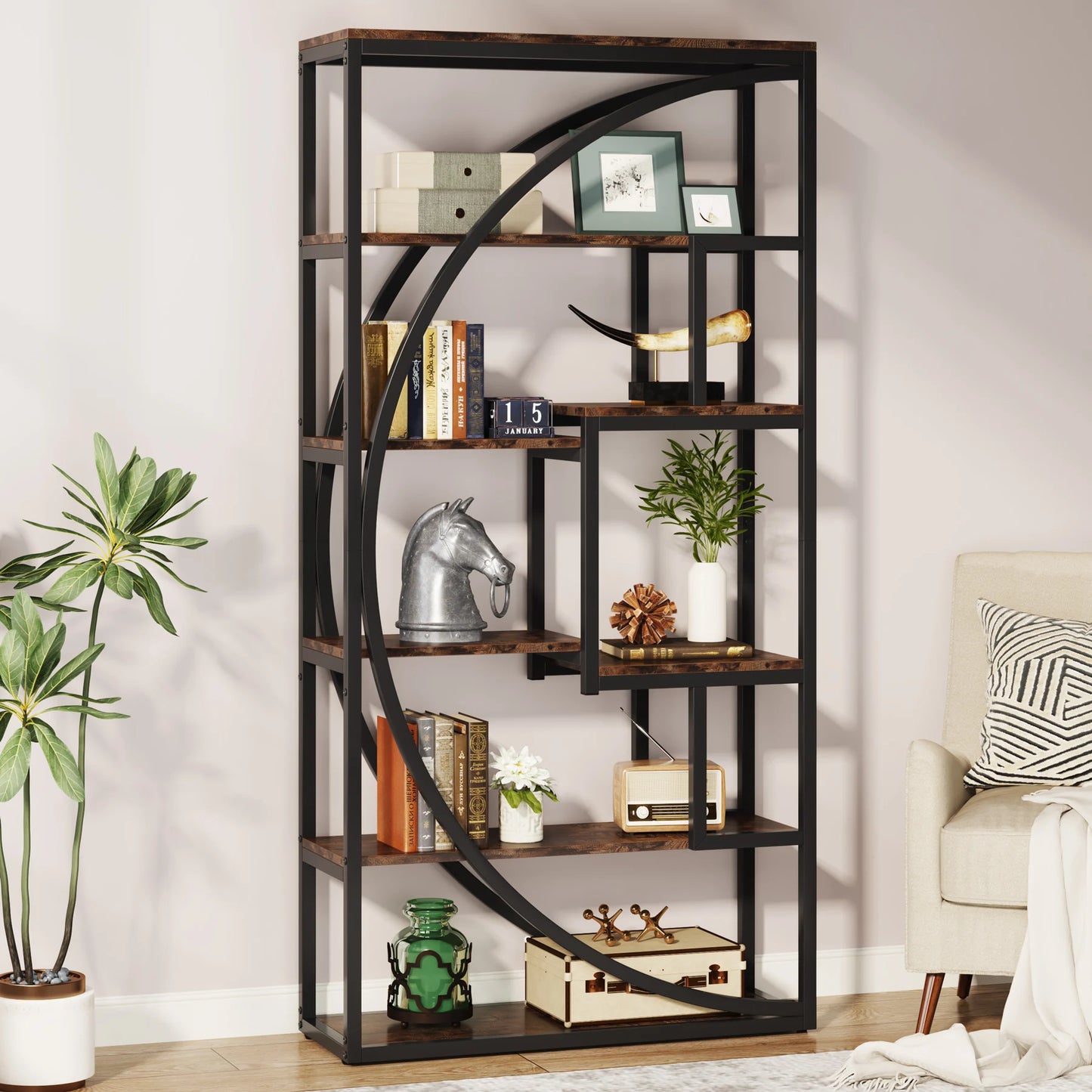 70.8-Inch Industrial Geometric Bookshelf – Tall 5-Tier Etagere with 8 Open Shelves