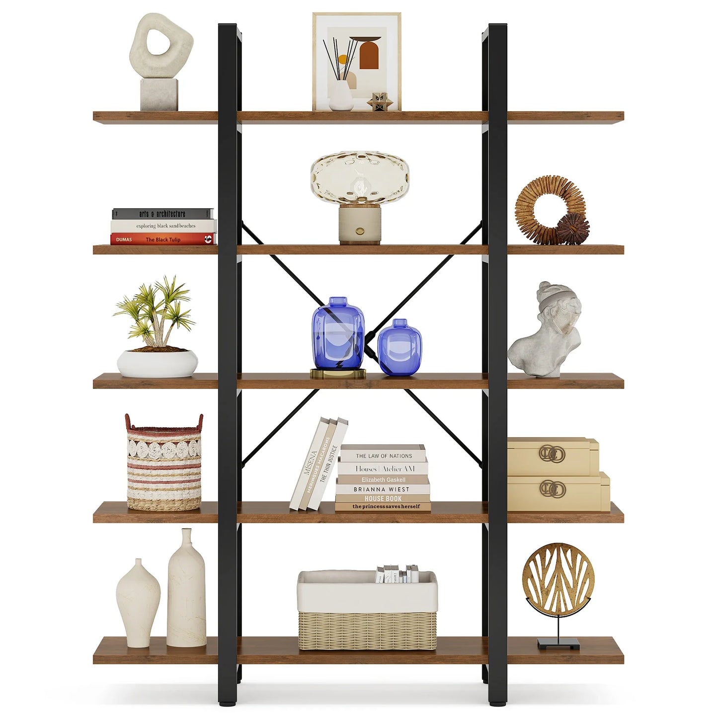 Vintage Industrial 5-Tier Bookshelf – Wide Metal and Wood Bookcase for Storage and Display