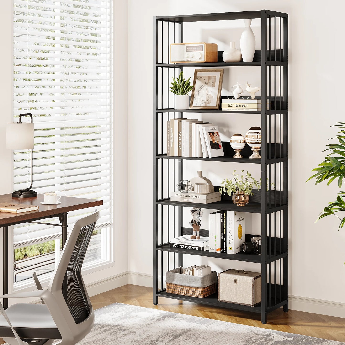 5-Tier Industrial Bookshelf – Tall Storage Rack with Metal Frame and Back Baffle