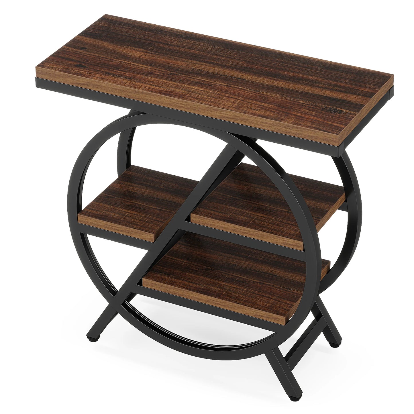 Modern Wooden Narrow End Table with Storage – Three-Tier Side Table with Metal Frame