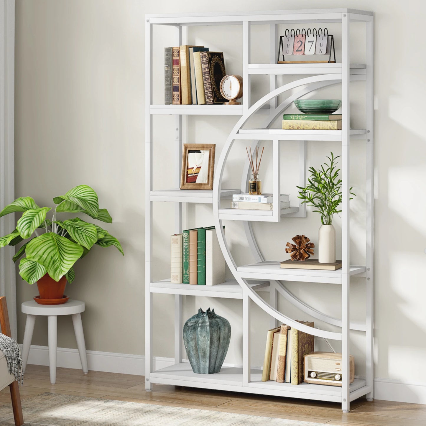 Industrial 5-Tier Etagere Bookshelf – Tall Open Display Shelf with Metal Frame