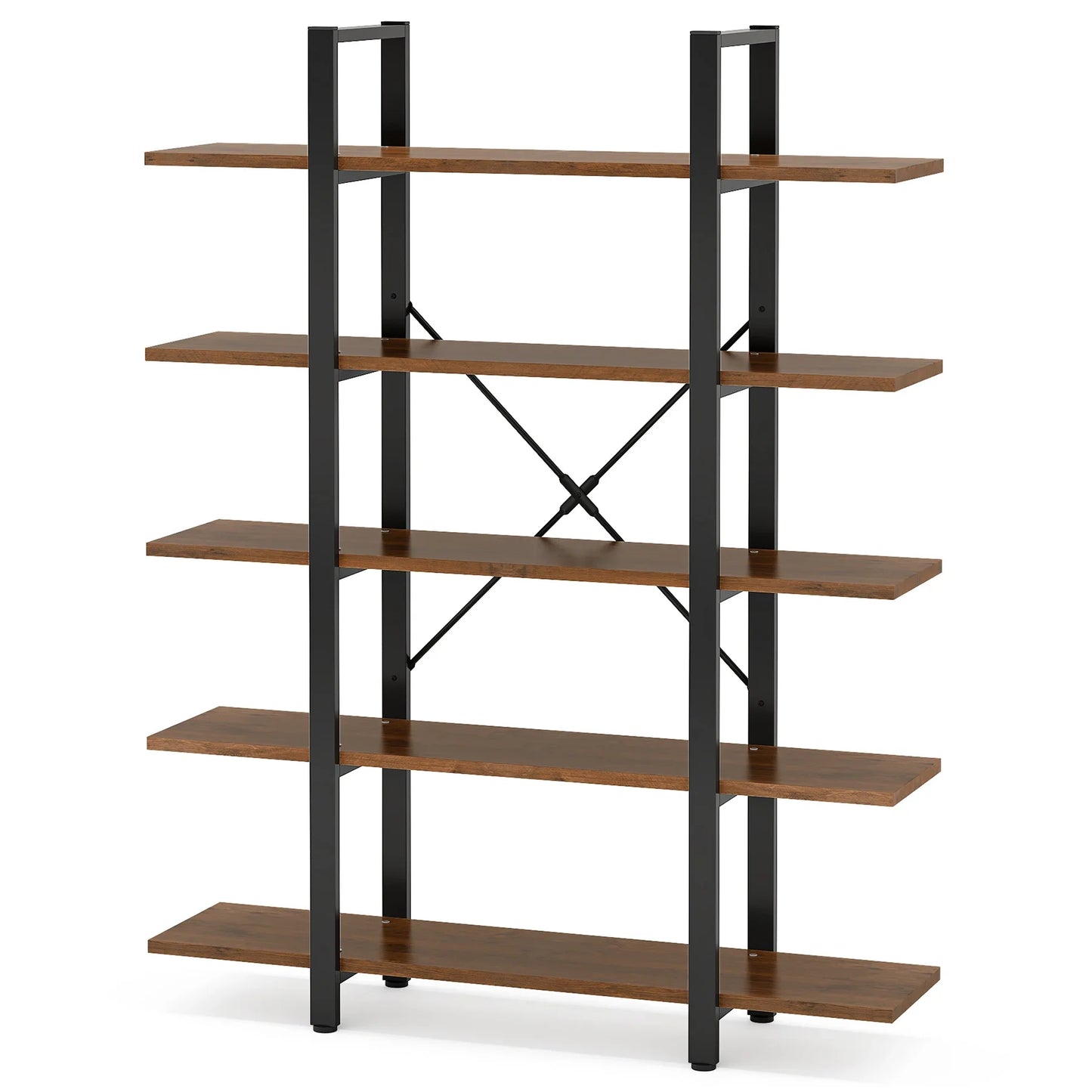 Vintage Industrial 5-Tier Bookshelf – Wide Metal and Wood Bookcase for Storage and Display