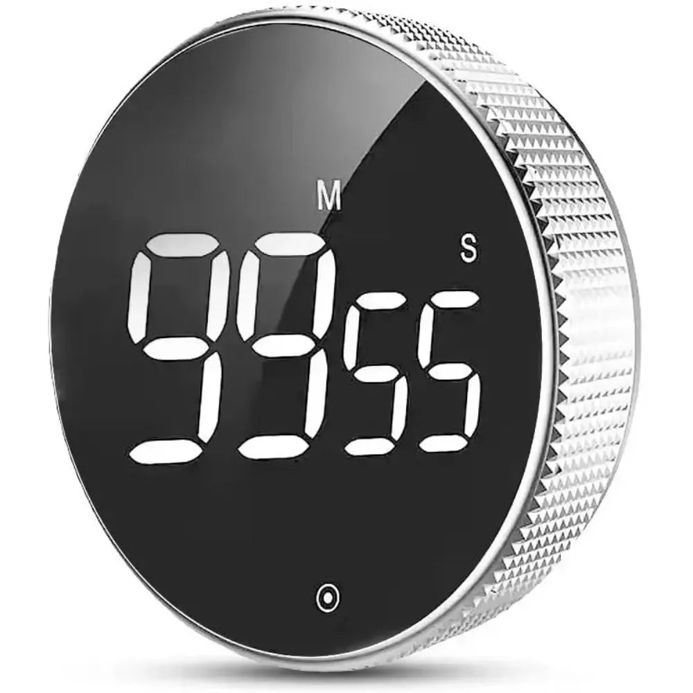 Digital timer with a black face and silver casing on a white background