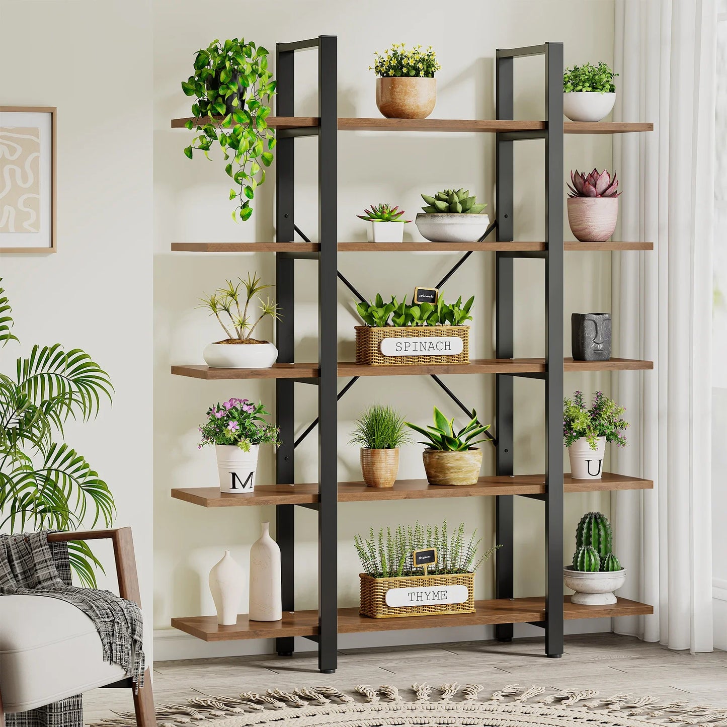 Vintage Industrial 5-Tier Bookshelf – Wide Metal and Wood Bookcase for Storage and Display
