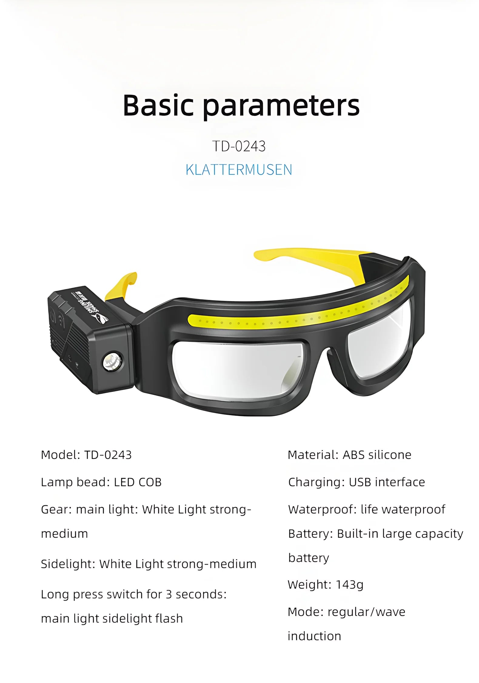 Technical specifications of a pair of glasses with a black and yellow design on a white background.