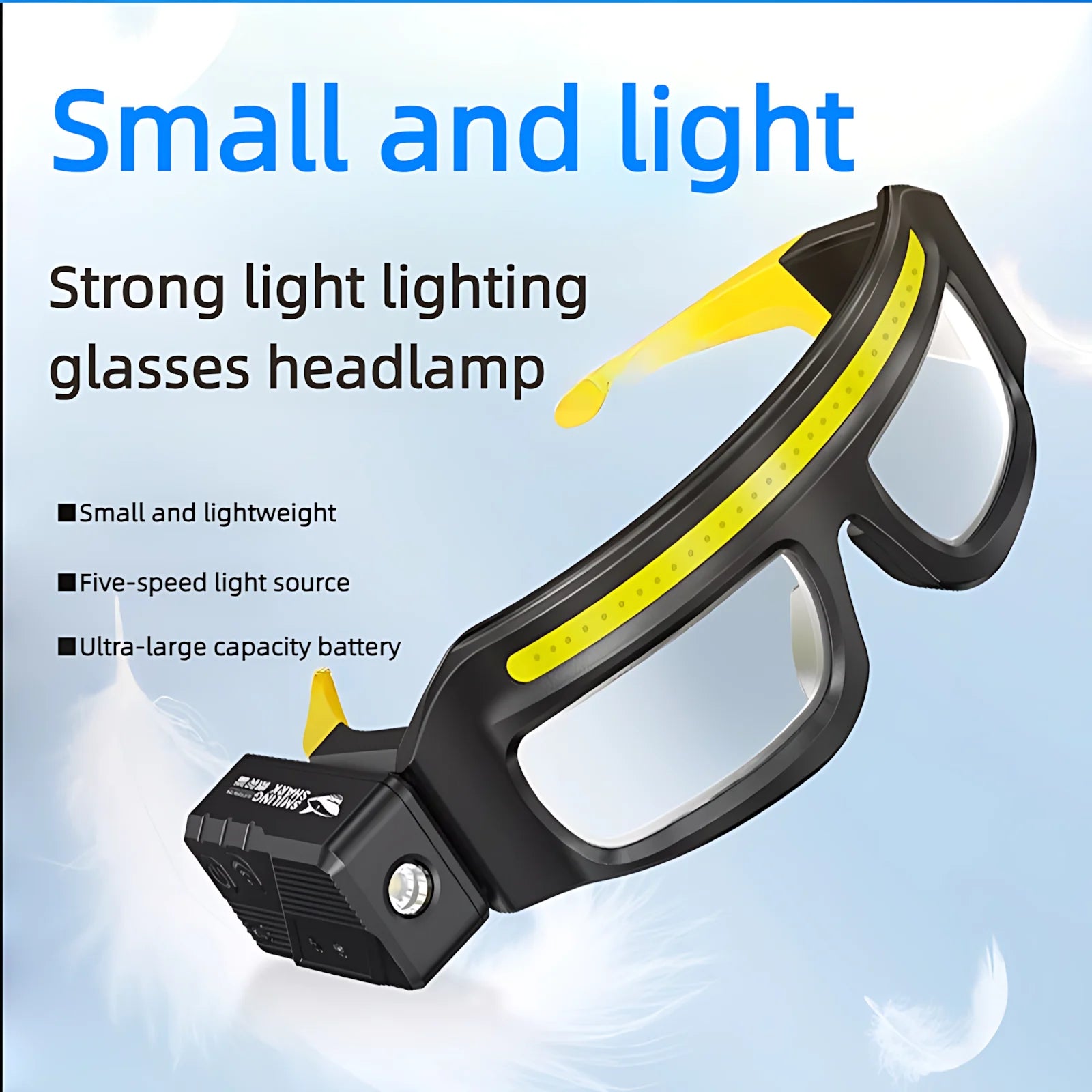 Glasses headlamp with text highlighting its features on a blue background
