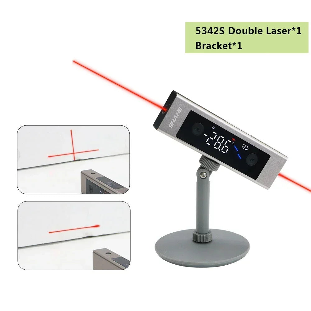 Laser level with digital display and red laser lines on a white background