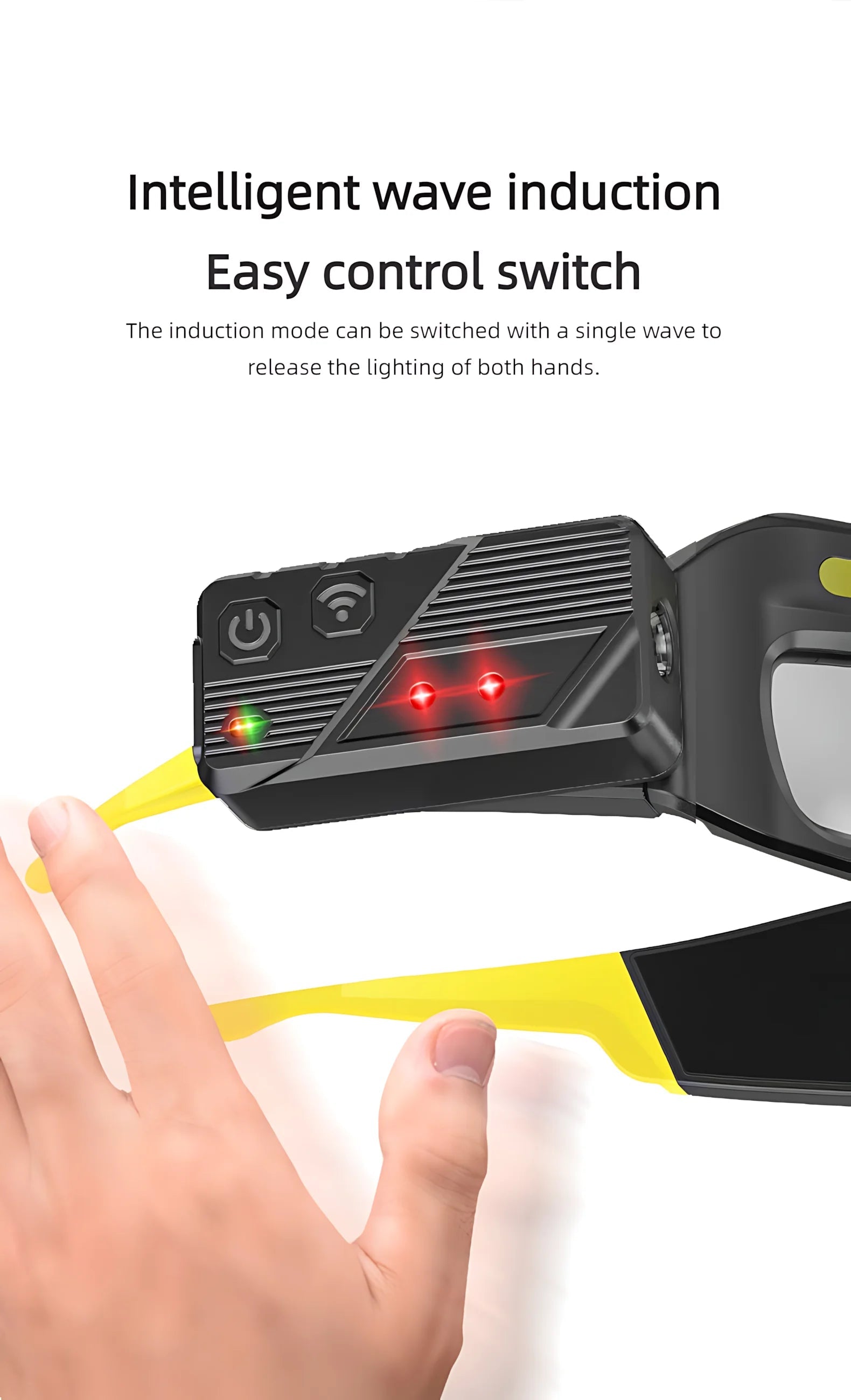 Handheld device with wave induction and control switch on a white background