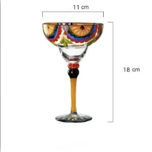 Decorative glass with colorful design and measurements on a white background