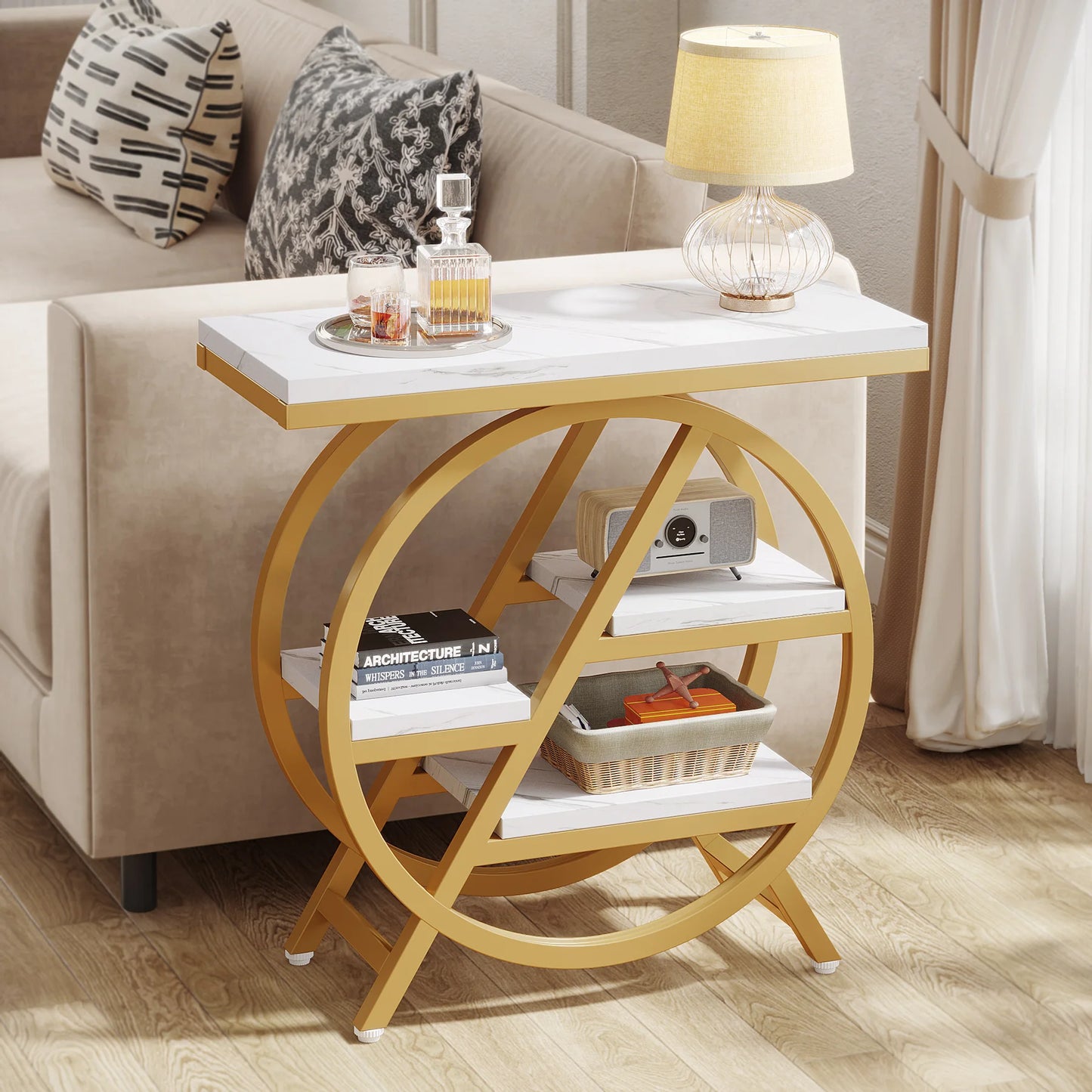 Modern Wooden Narrow End Table with Storage – Three-Tier Side Table with Metal Frame