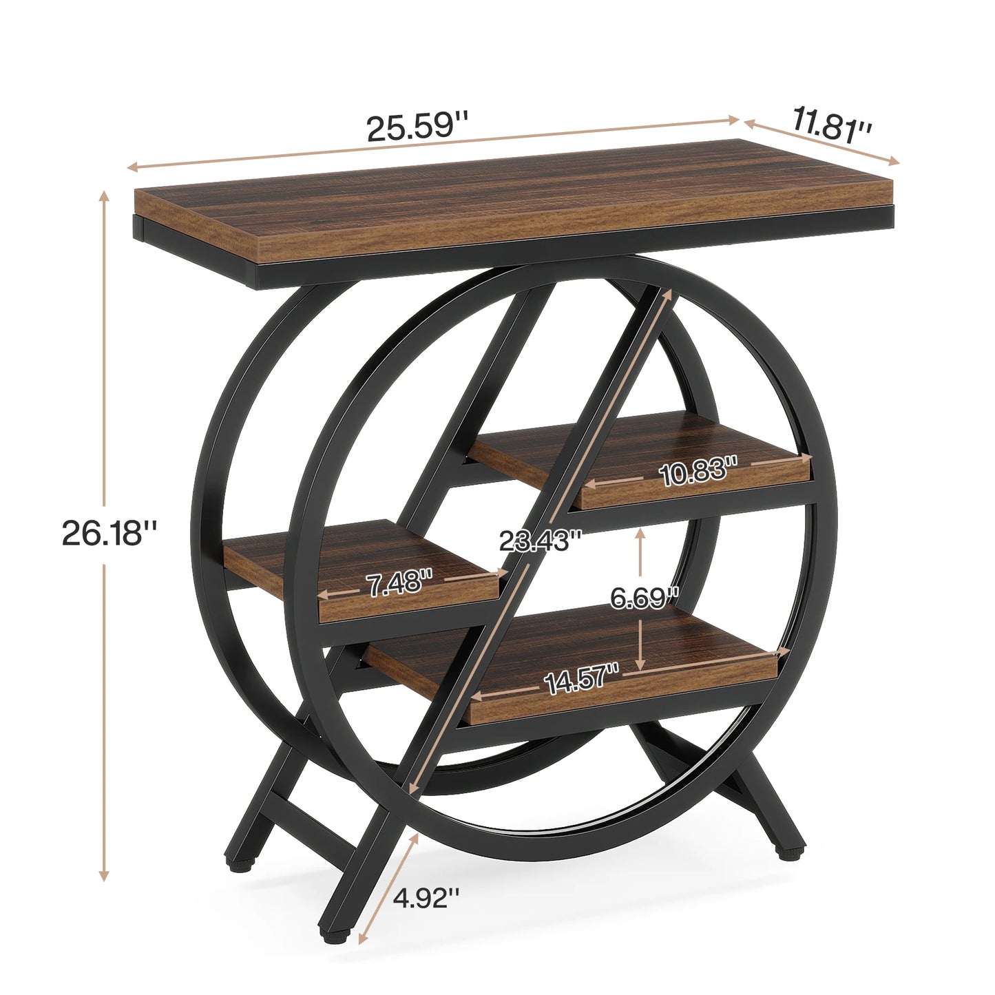 Modern Wooden Narrow End Table with Storage – Three-Tier Side Table with Metal Frame