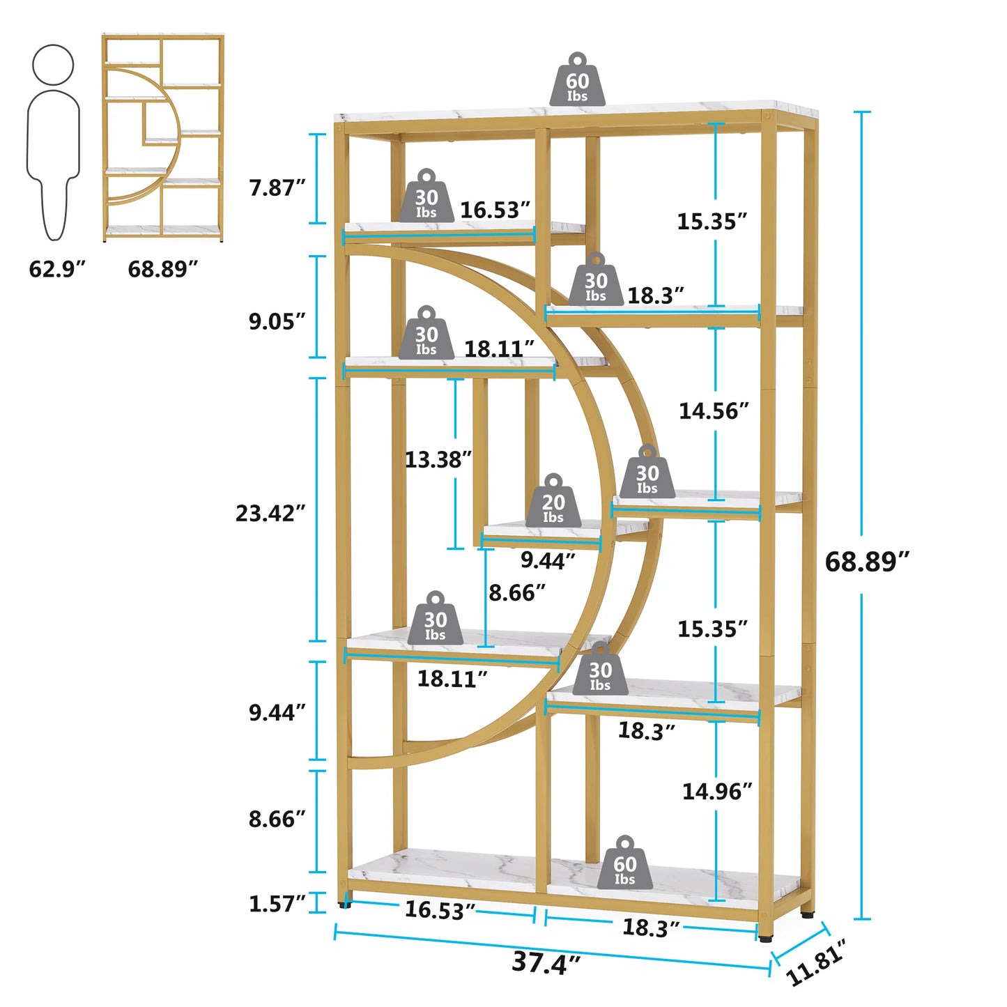 Industrial 5-Tier Etagere Bookshelf – Tall Open Display Shelf with Metal Frame