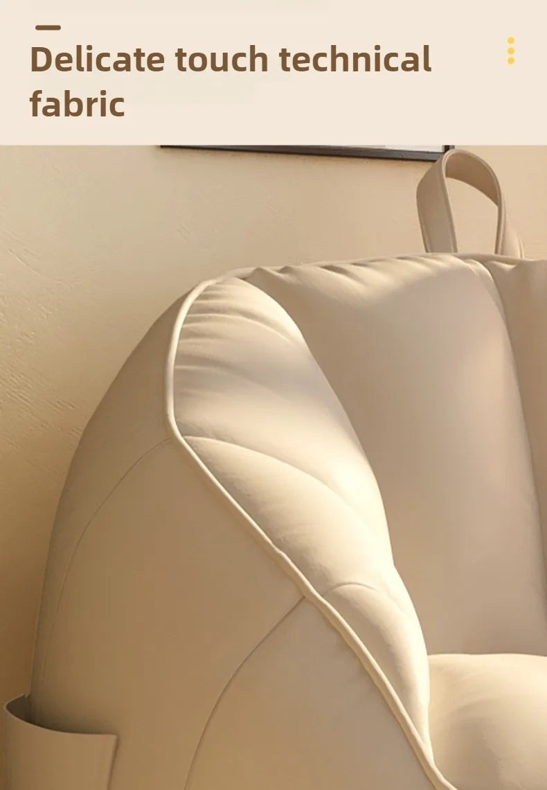 Close-up of a beige fabric with 'Delicate touch technical fabric' text above it.
