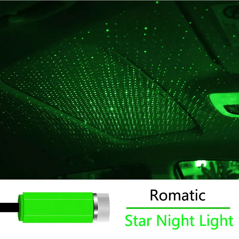 Car interior with green star night light effect and product packaging labeled 'Romantic Star Night Light' at the bottom.