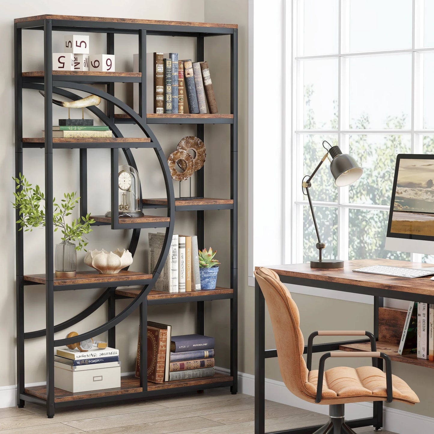 Industrial 5-Tier Etagere Bookshelf – Tall Open Display Shelf with Metal Frame