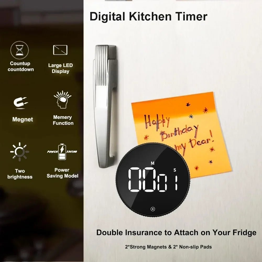 Digital kitchen timer with features listed on a white background