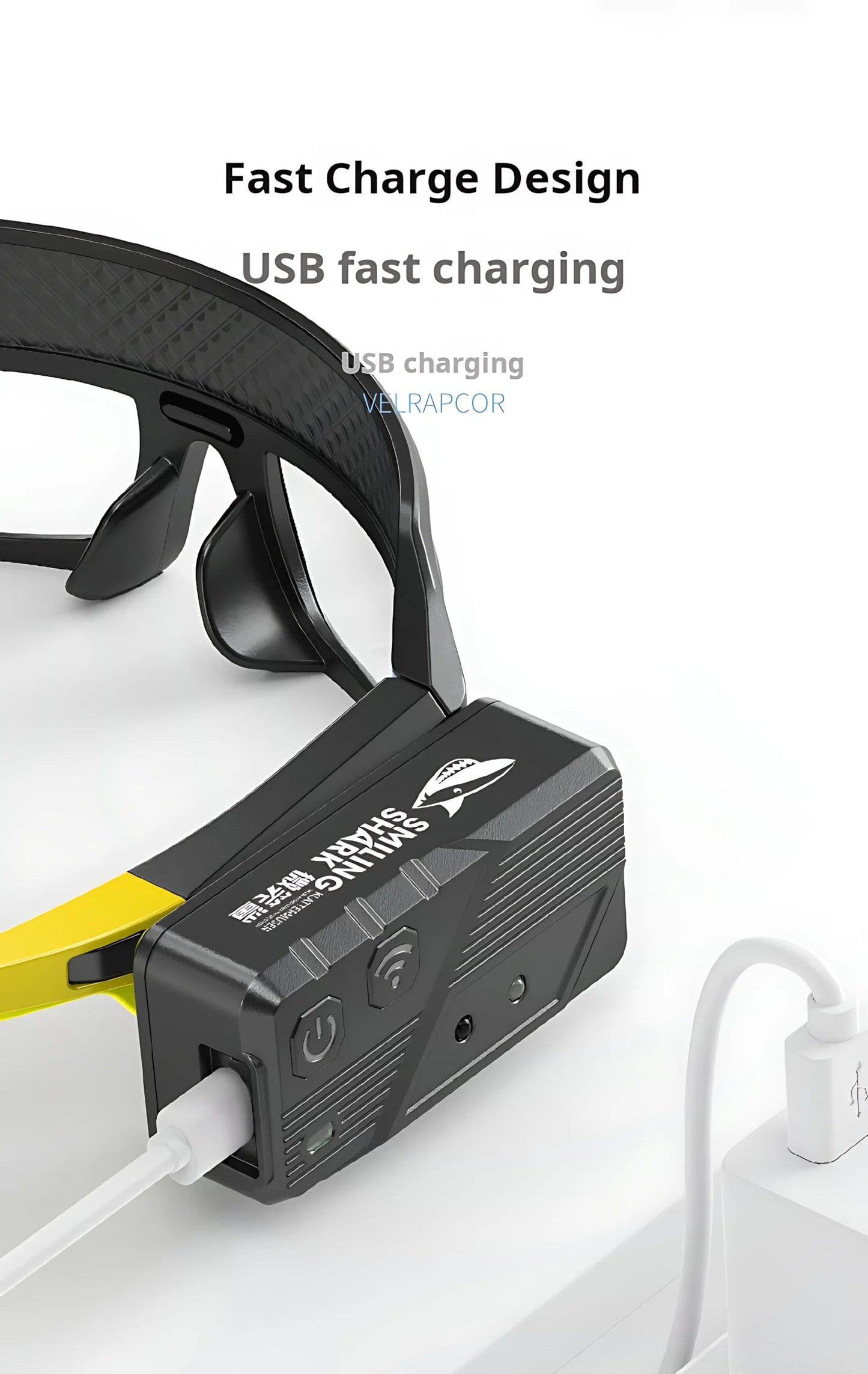 Headlamp with USB charging cable on a white background