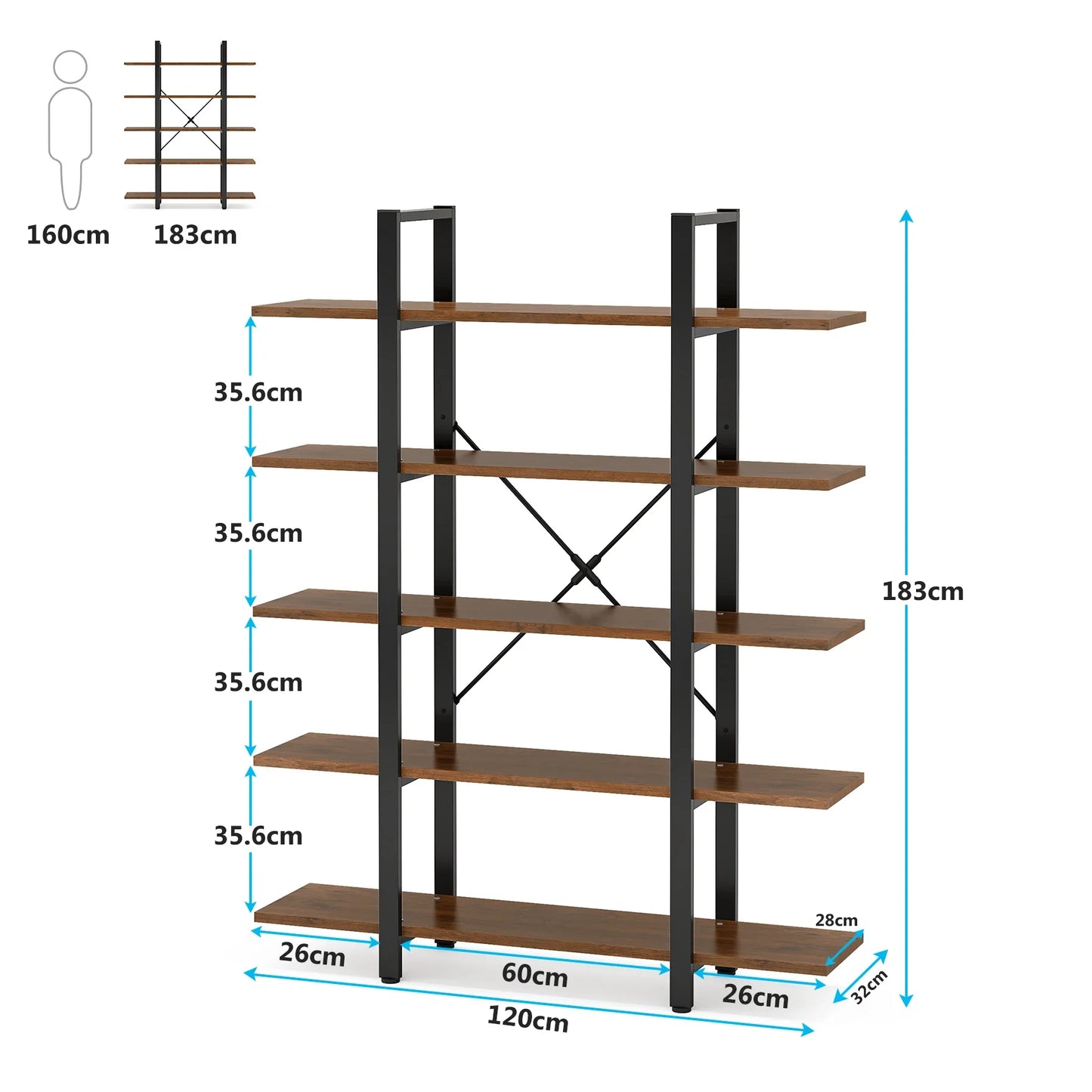 Vintage Industrial 5-Tier Bookshelf – Wide Metal and Wood Bookcase for Storage and Display