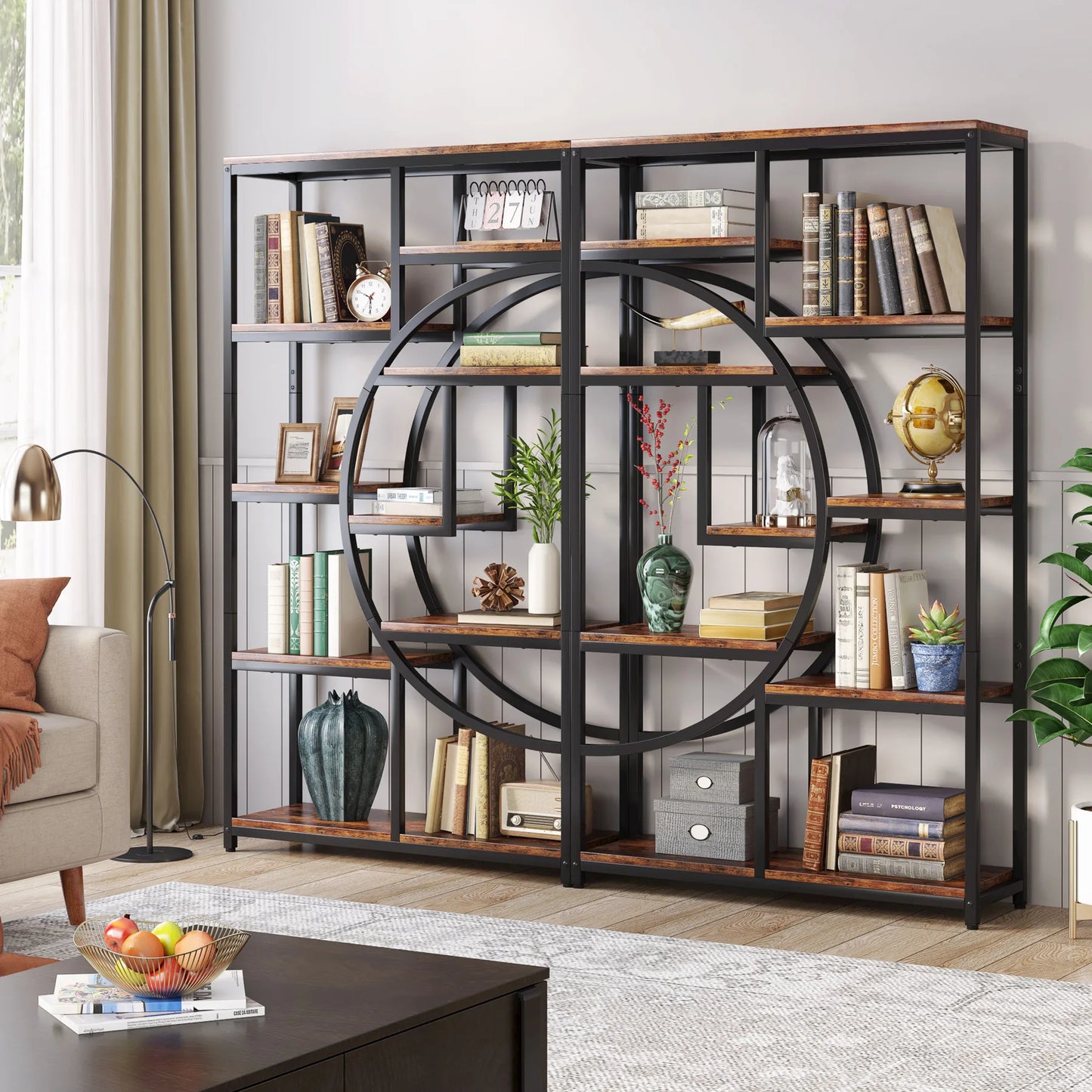 Industrial 5-Tier Etagere Bookshelf – Tall Open Display Shelf with Metal Frame