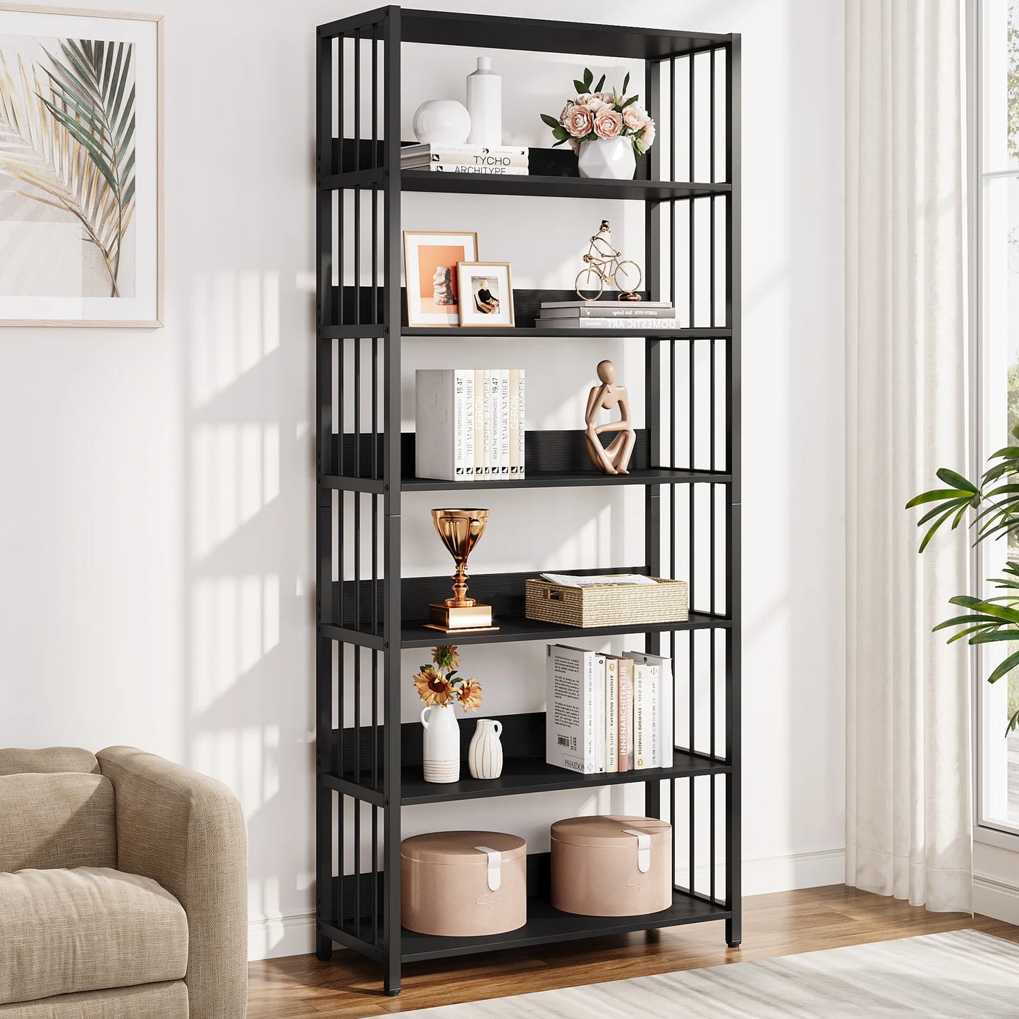 5-Tier Industrial Bookshelf – Tall Storage Rack with Metal Frame and Back Baffle