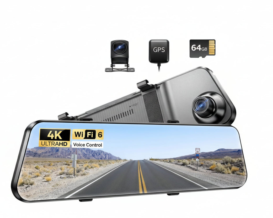 12-Inch WiFi Mirror Dash Cam – Dual Camera Front and Rear with Touch Screen and Night Vision