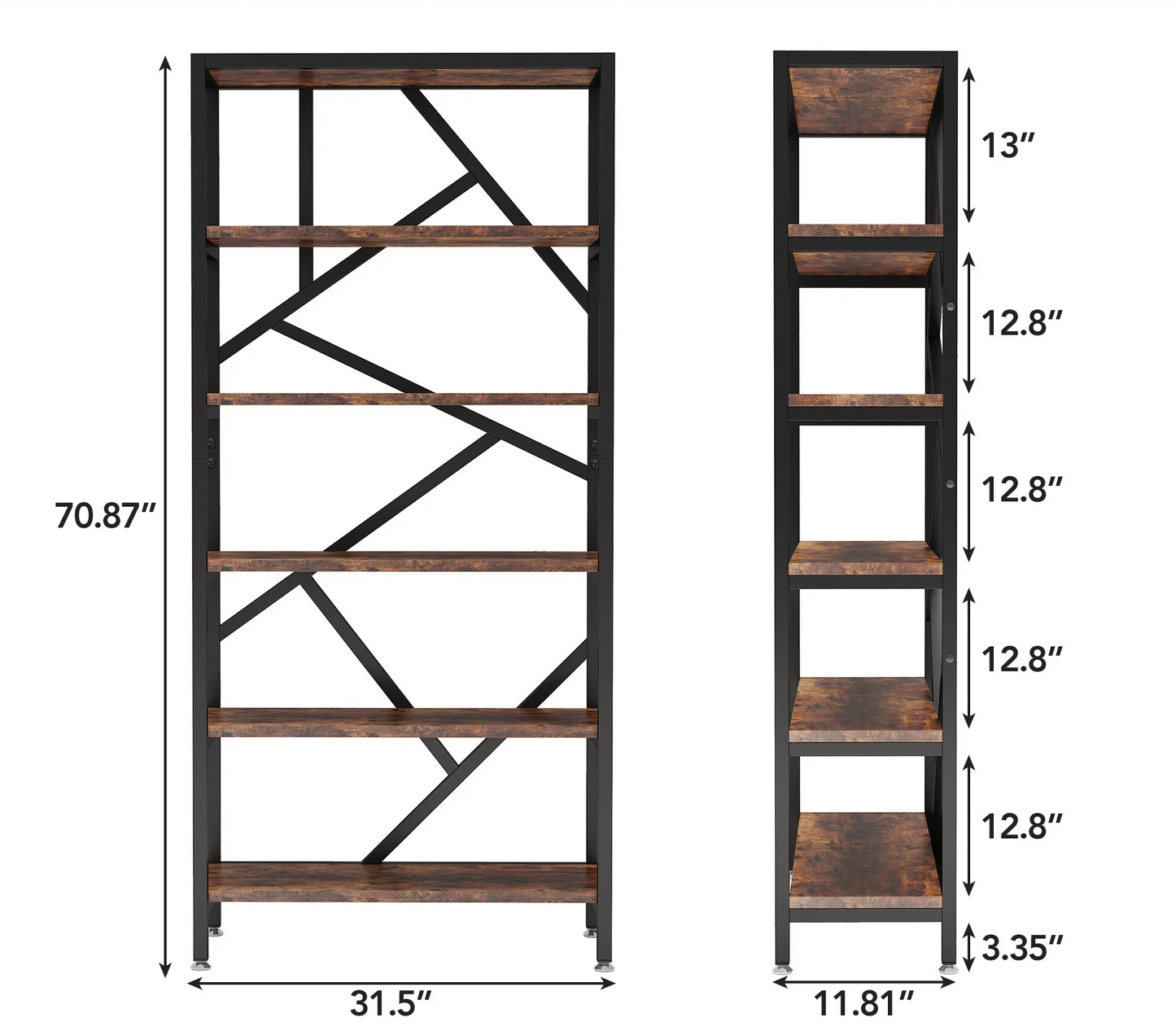 5-Tier Industrial Bookshelf – Tall Storage Rack with Metal Frame and Back Baffle
