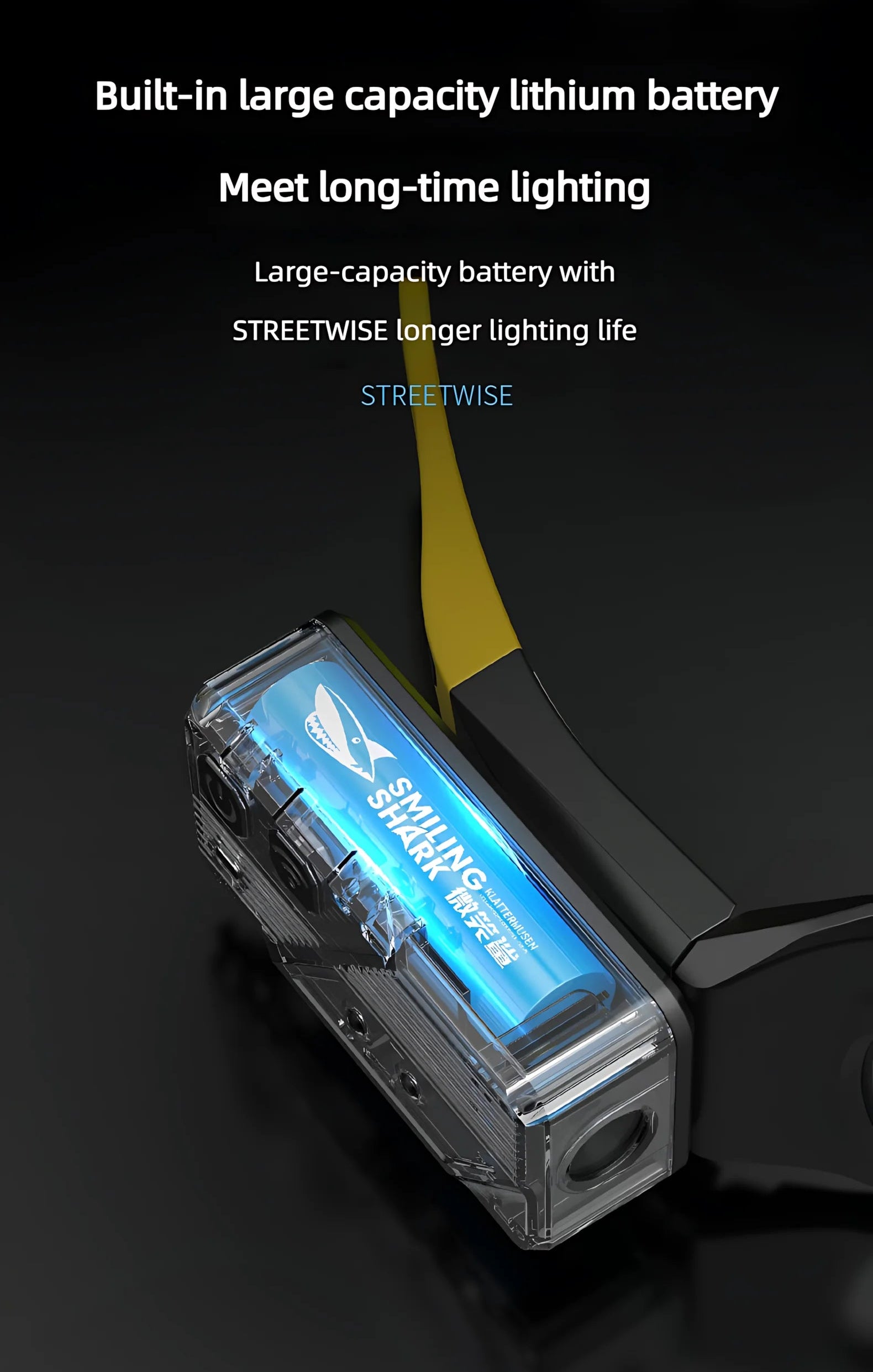 Lighting device with large capacity lithium battery and Streetwise branding on a dark background