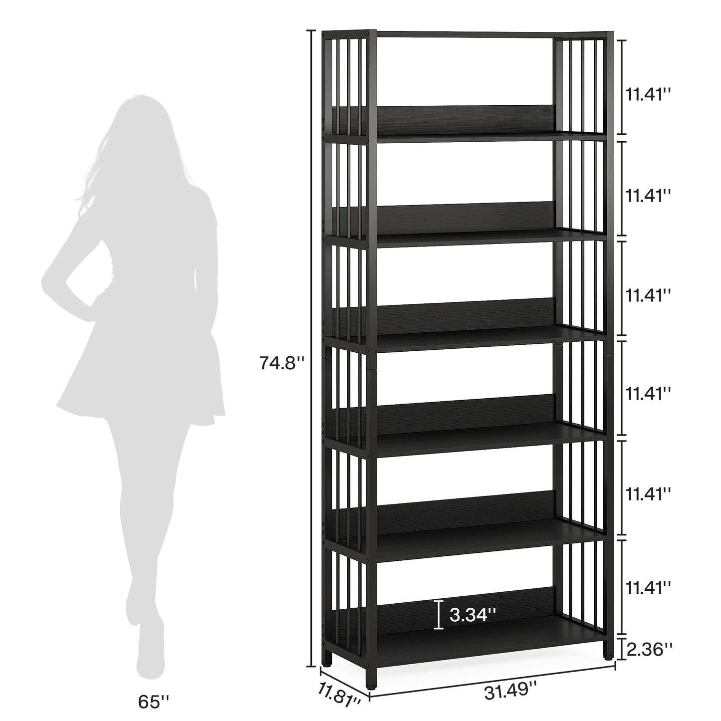 5-Tier Industrial Bookshelf – Tall Storage Rack with Metal Frame and Back Baffle