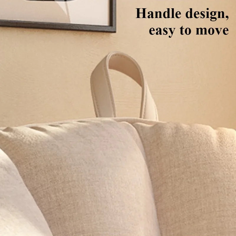 Beige fabric bag with a handle on a beige background, text 'Handle design, easy to move' above.