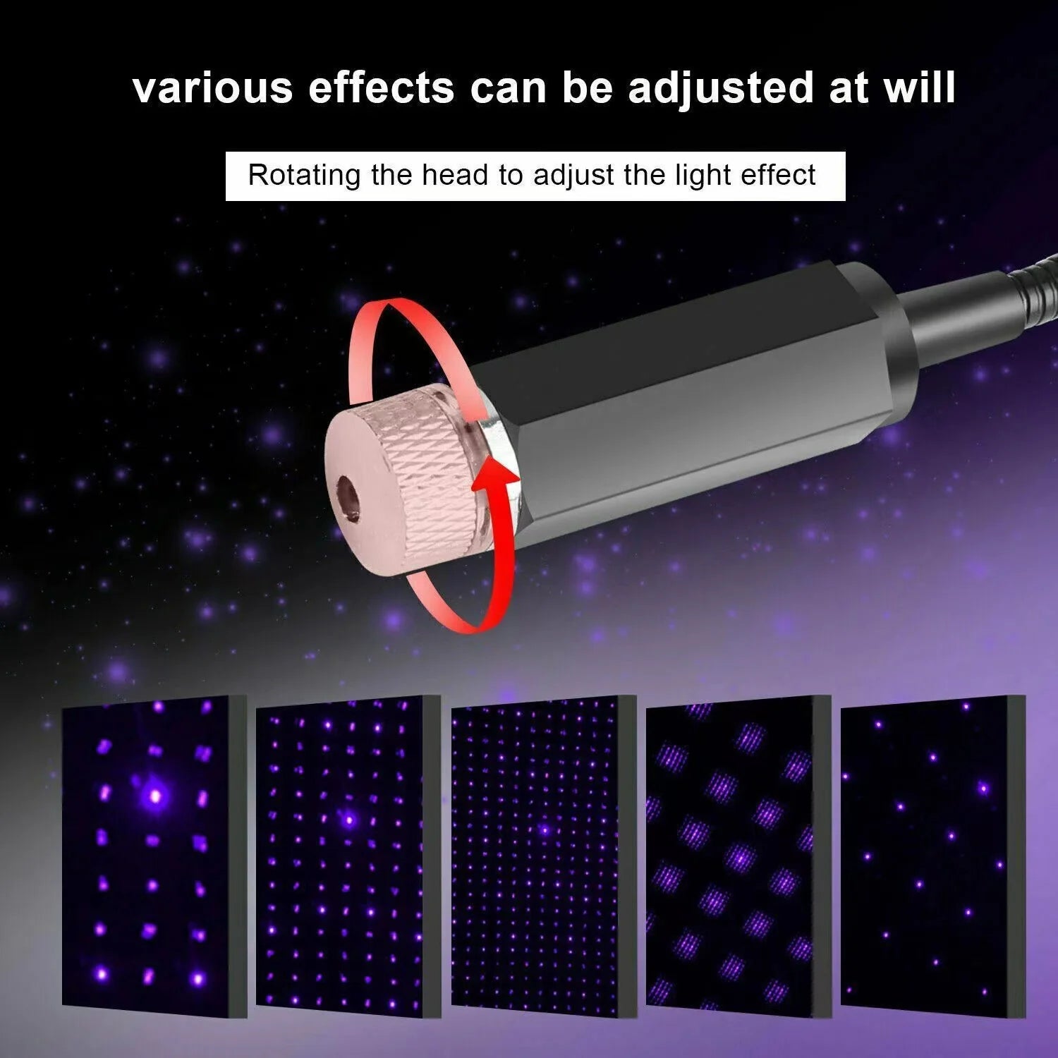 LED light effect device with adjustable light effects on a dark background