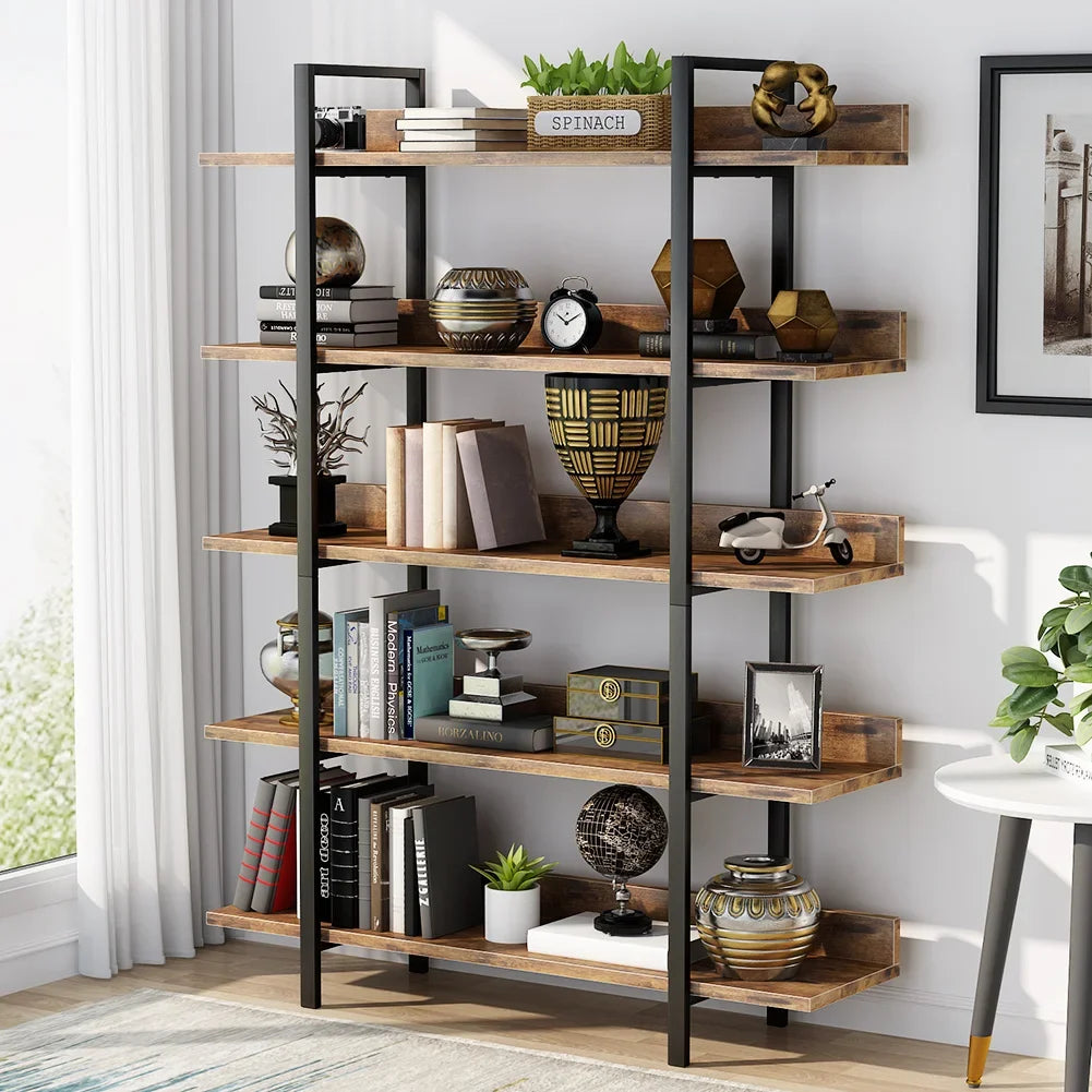 5-Tier Industrial Bookshelf – Tall Storage Rack with Metal Frame and Back Baffle