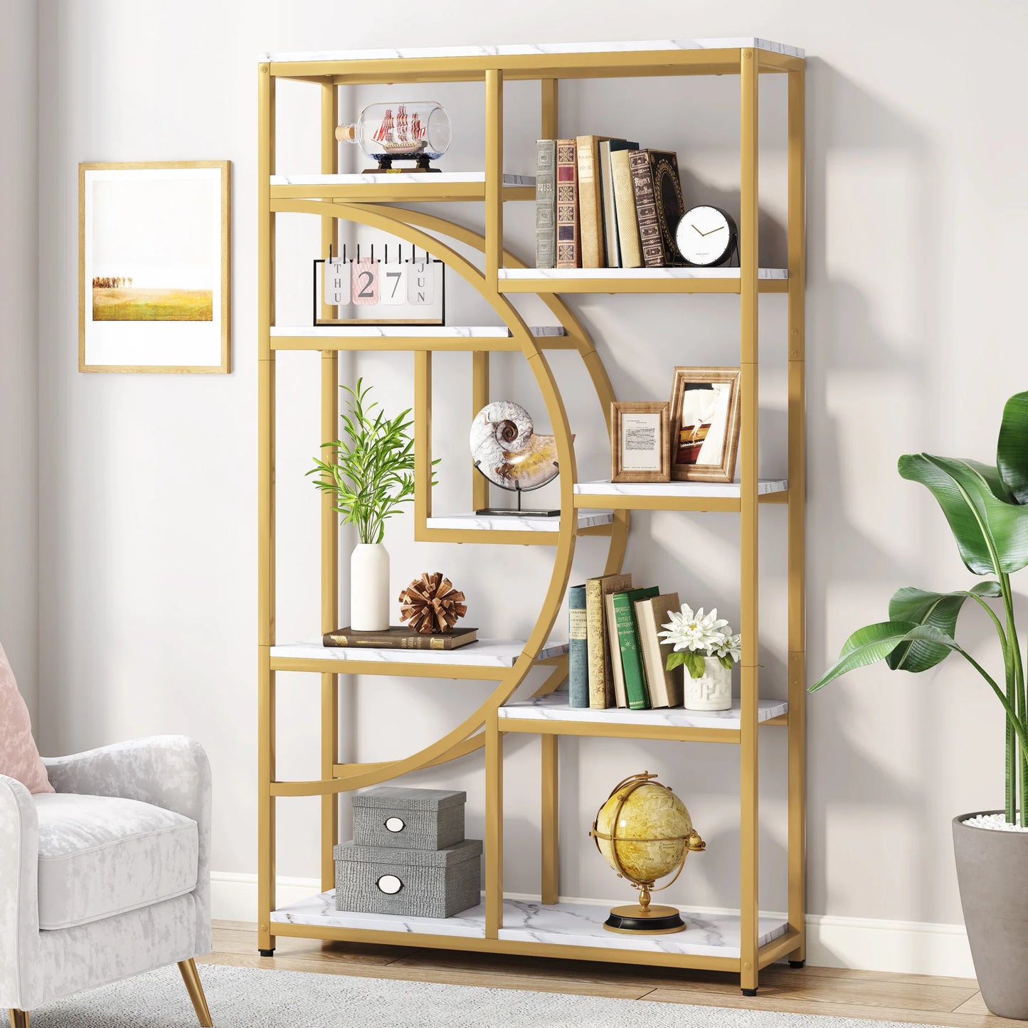 Industrial 5-Tier Etagere Bookshelf – Tall Open Display Shelf with Metal Frame