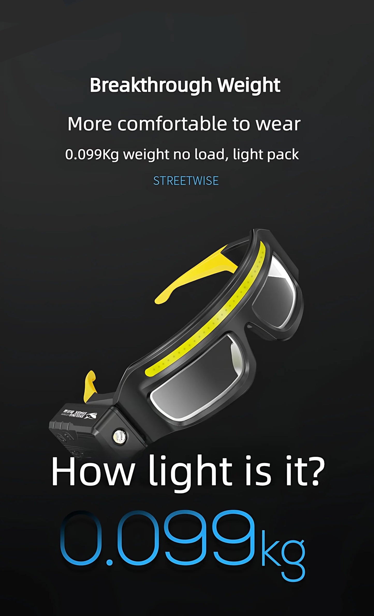 Glasses with yellow accents on a black background, highlighting weight of 0.099kg.