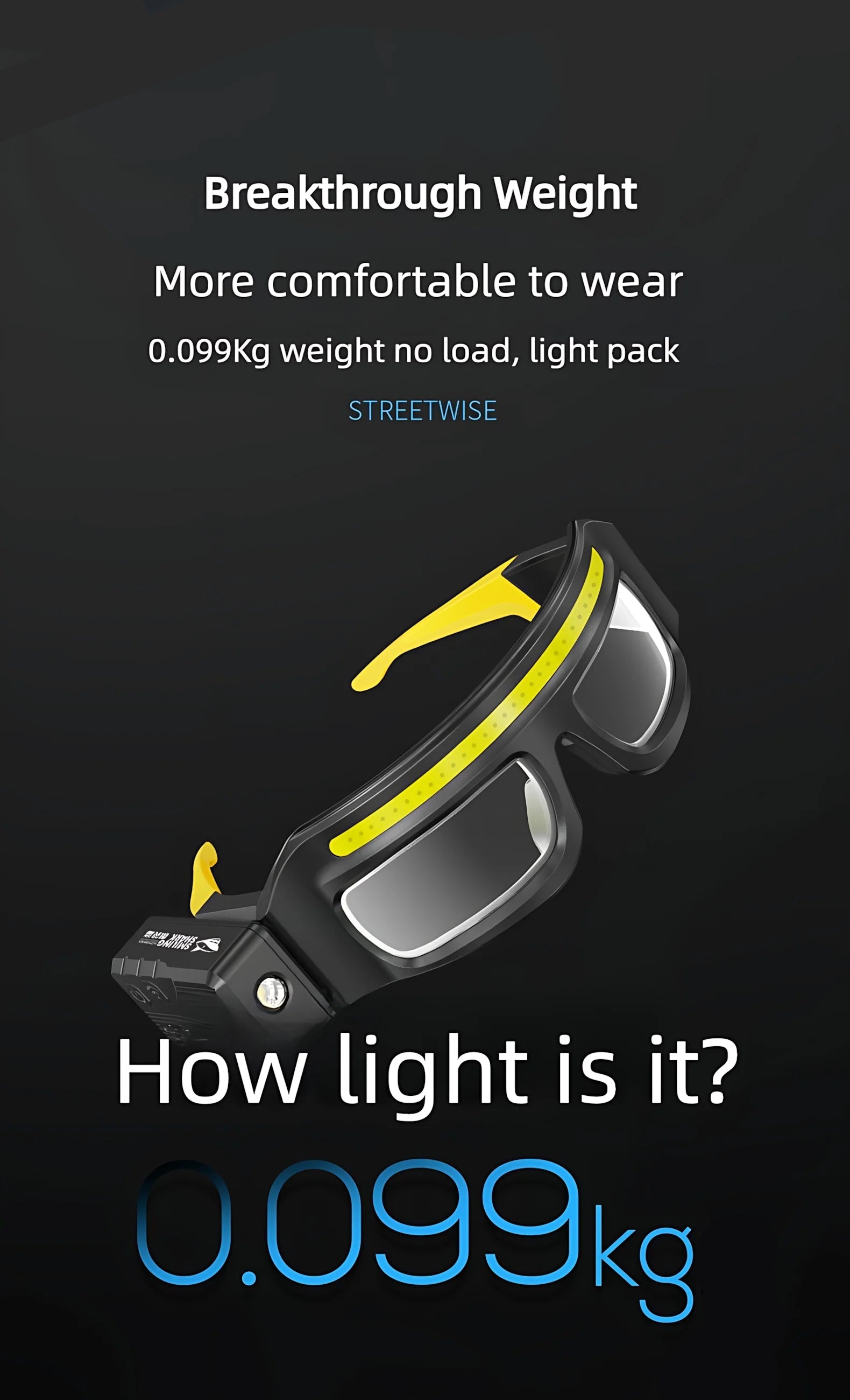 Glasses with yellow accents on a black background, highlighting weight of 0.099kg.