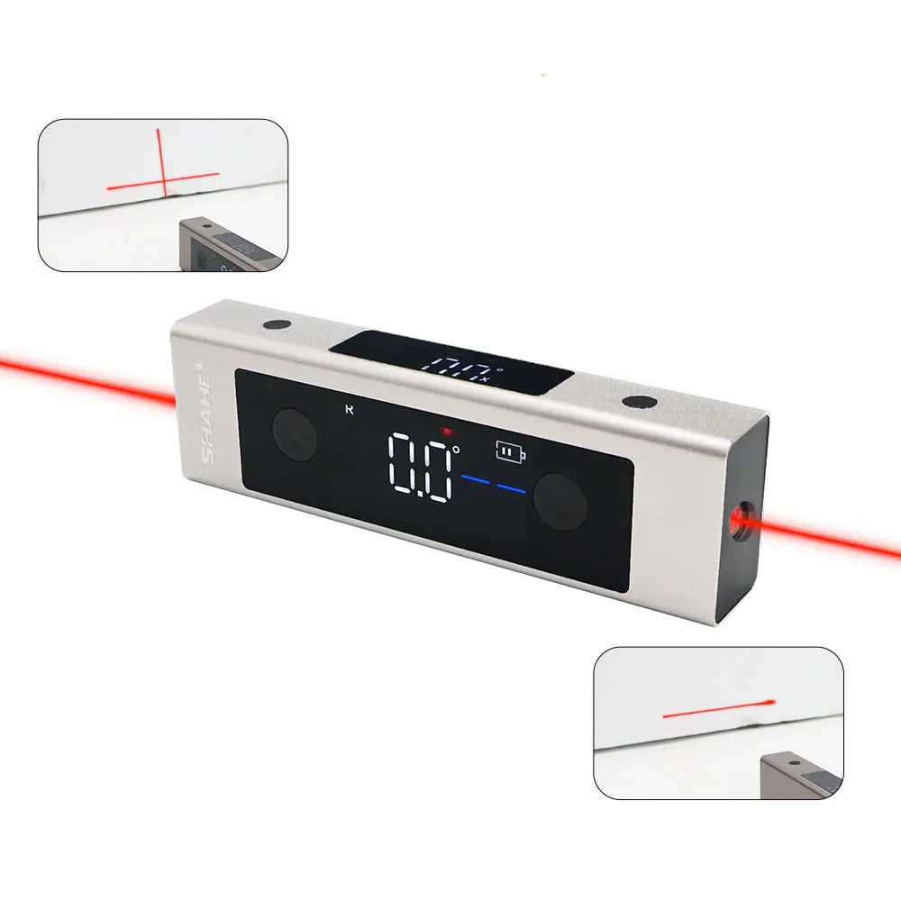 Inclinometer with digital display and laser pointer on a white background