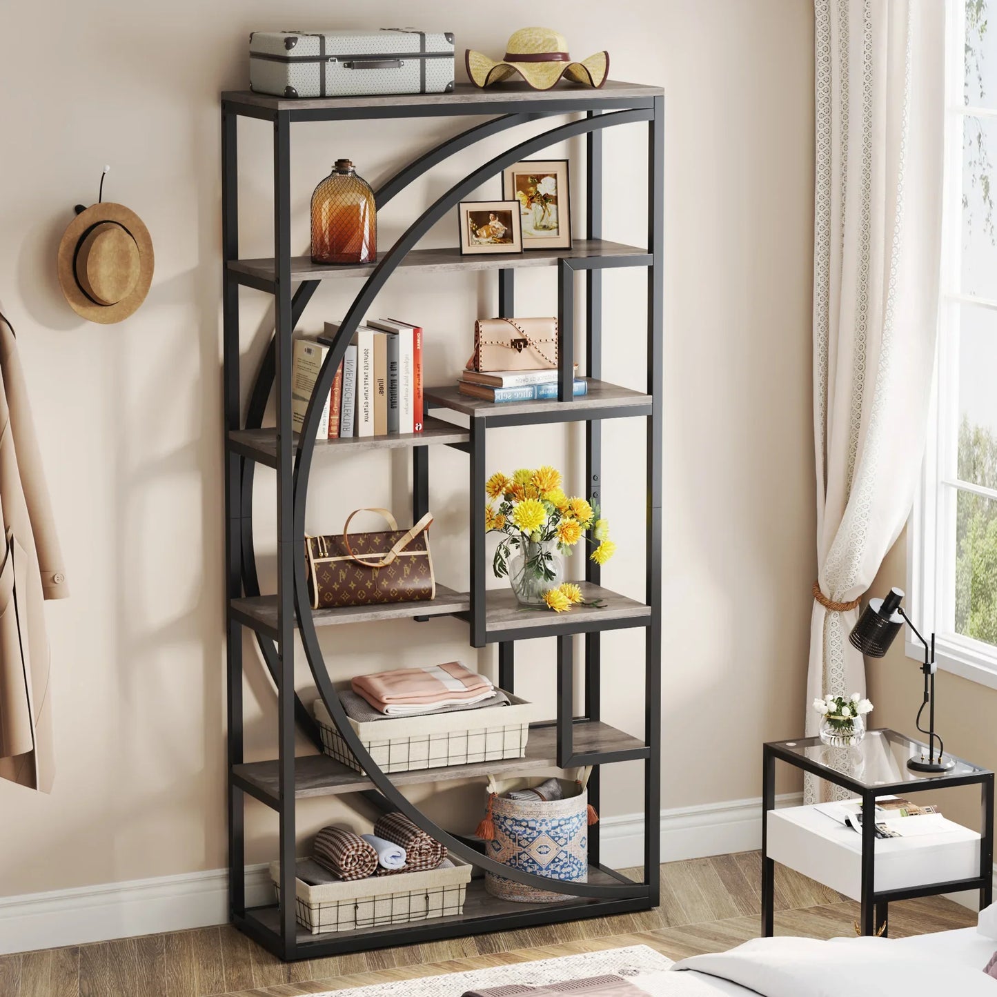 70.8-Inch Industrial Geometric Bookshelf – Tall 5-Tier Etagere with 8 Open Shelves