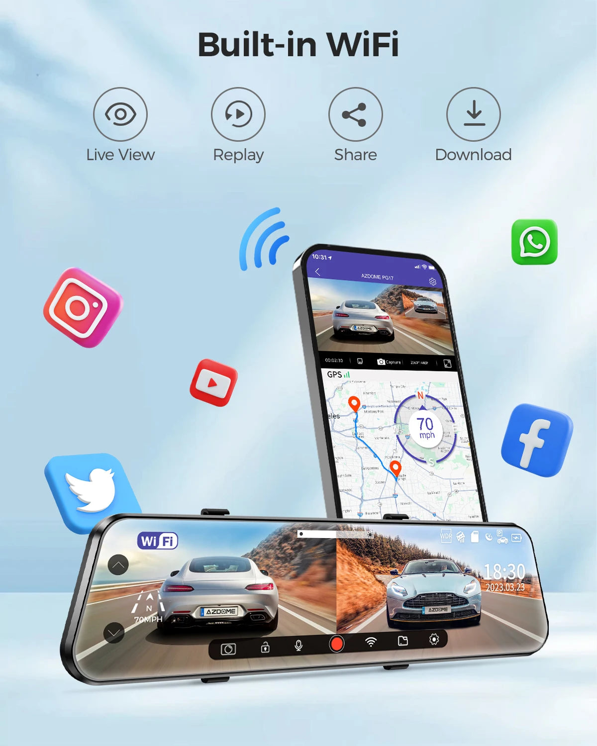 12-Inch WiFi Mirror Dash Cam – Dual Camera Front and Rear with Touch Screen and Night Vision