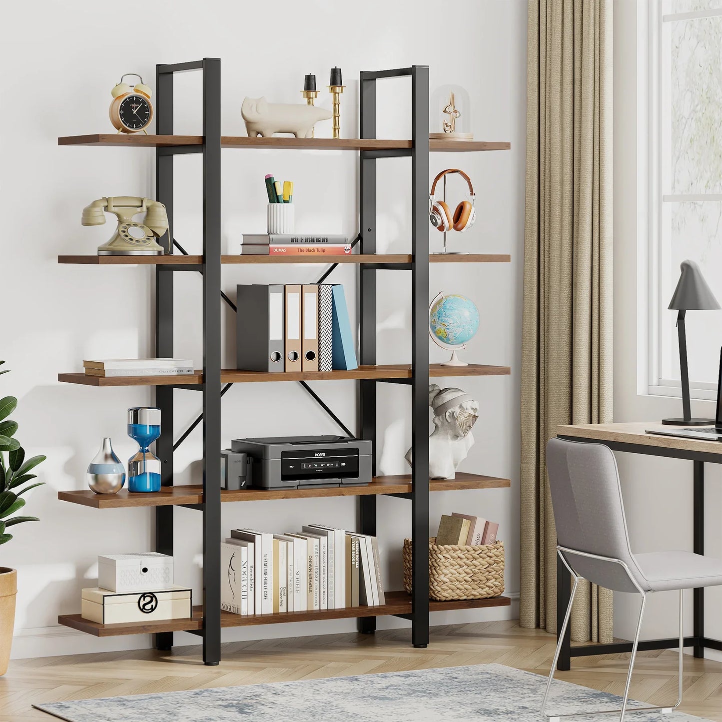 Vintage Industrial 5-Tier Bookshelf – Wide Metal and Wood Bookcase for Storage and Display