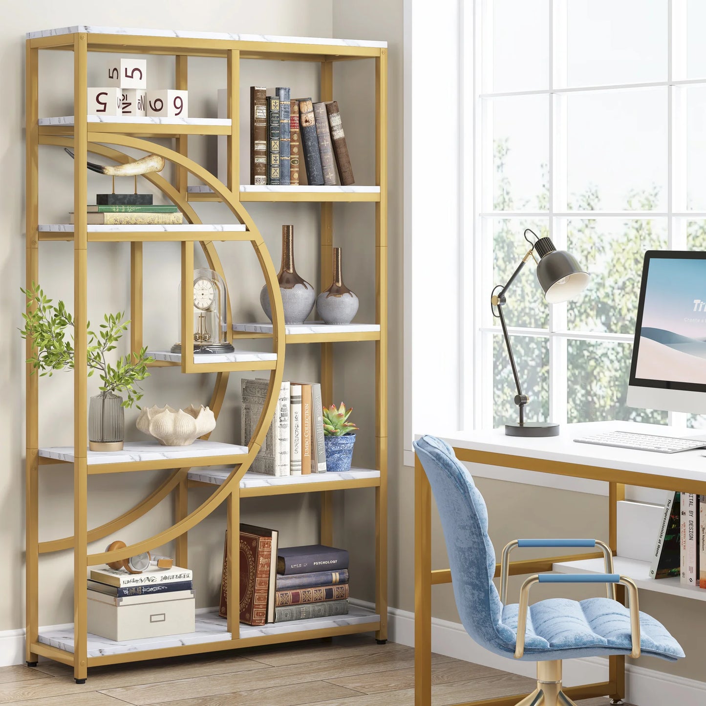 Industrial 5-Tier Etagere Bookshelf – Tall Open Display Shelf with Metal Frame