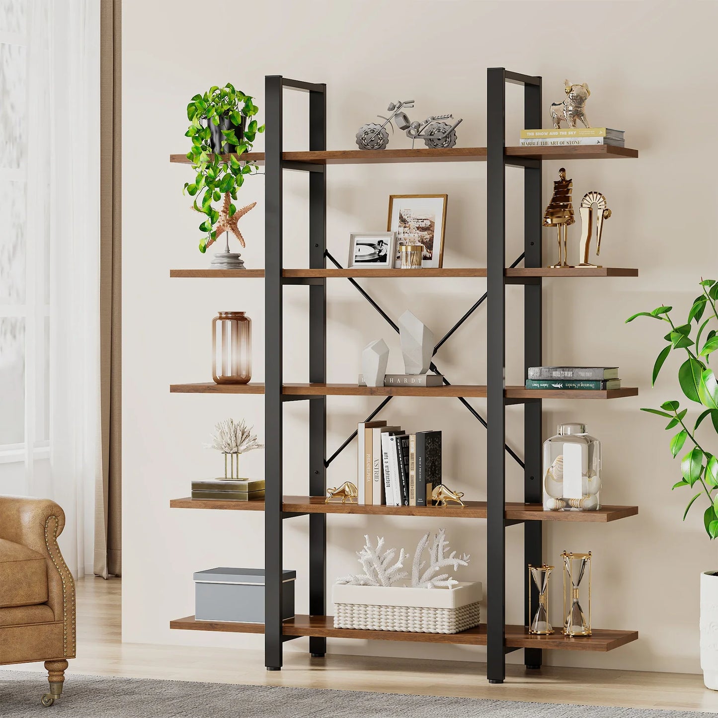 Vintage Industrial 5-Tier Bookshelf – Wide Metal and Wood Bookcase for Storage and Display