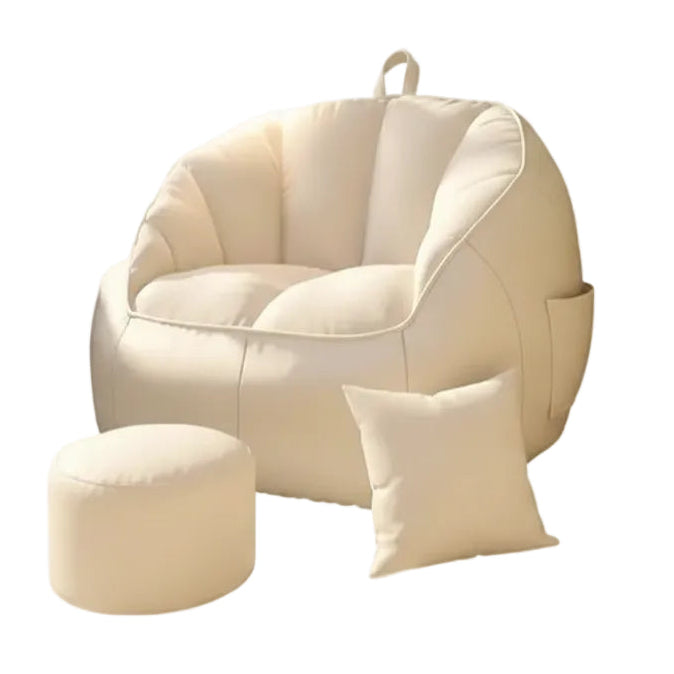 Beige bean bag chair with ottoman and pillow, showing dimensions on a white background.